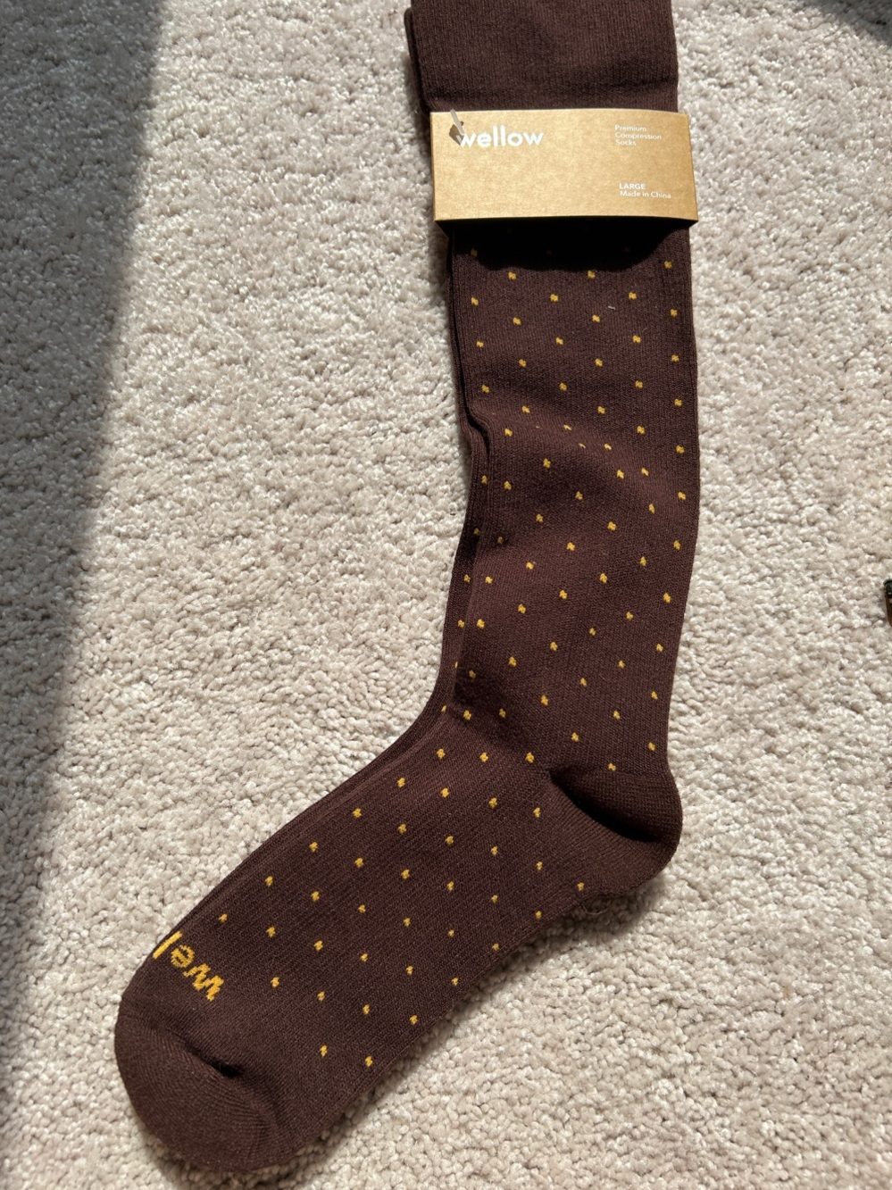 Wellow Brand Men's Brown compression Dress Socks with Small Yellow Dots